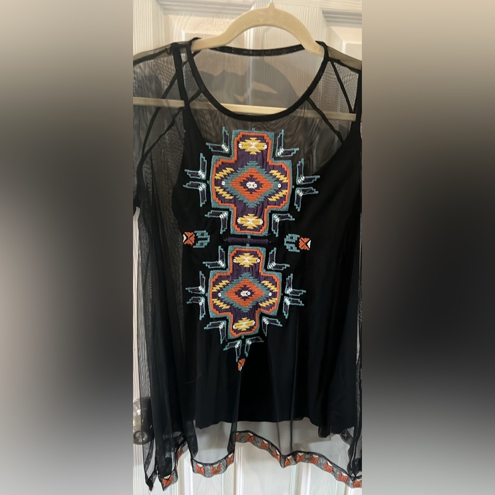 DOUBLE D RANCH - Embroidered Black Sheer Tunic Top - Excellent Condition